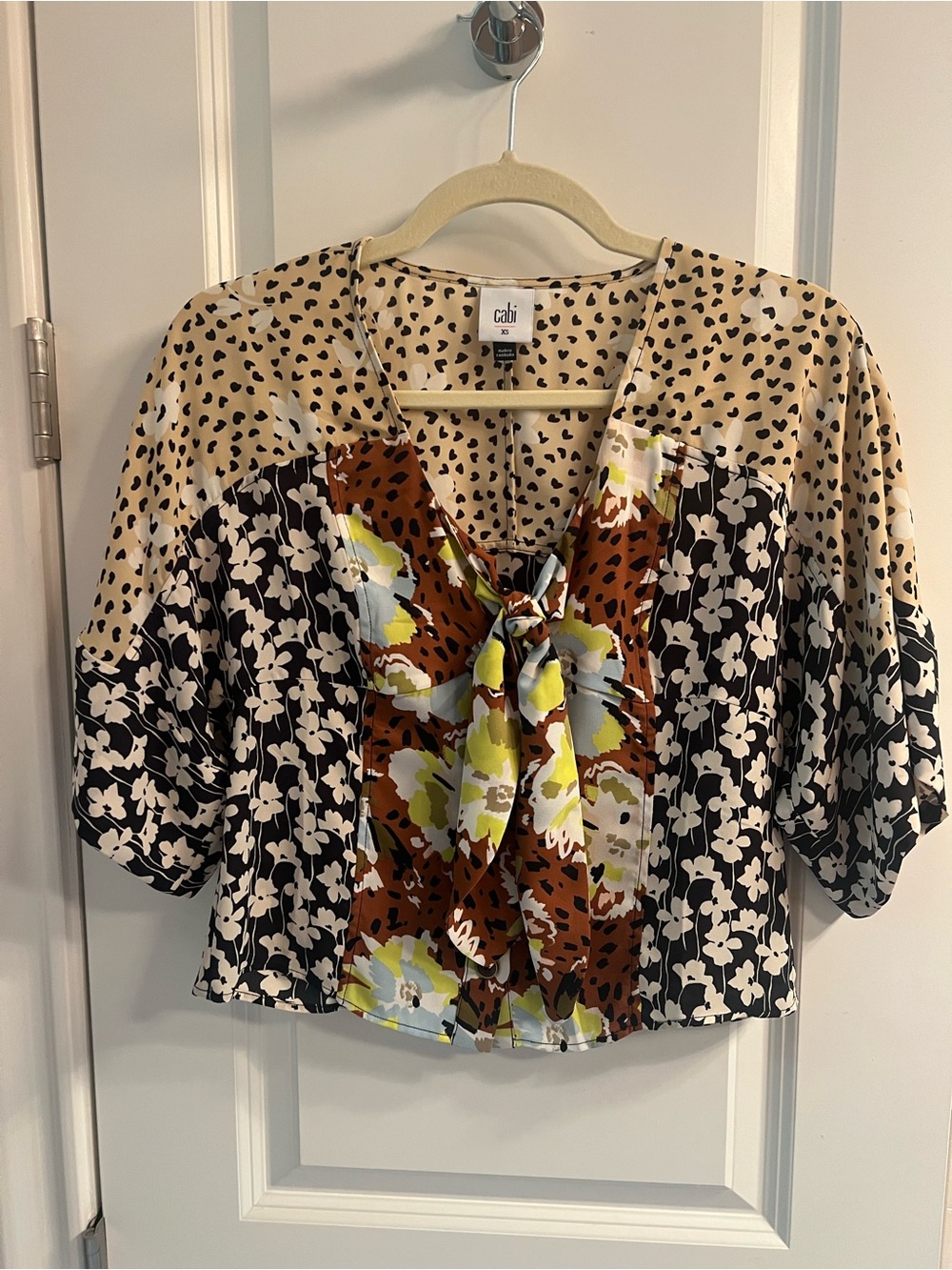 CAbi Mixed-Print Tie Front Blouse in Cream, Black, Brown & Lime
